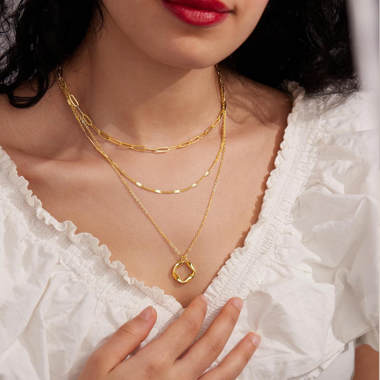 14K Gold Layered Necklace Set – Stackable Paperclip & Circle Pendant Choker for Women