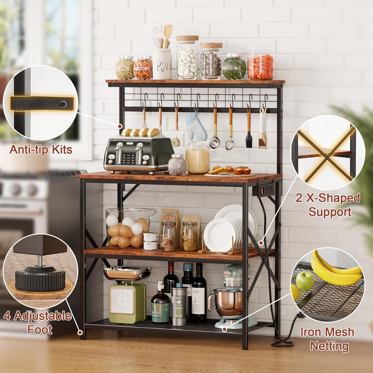Coffee Bar Station with a 31.5 Inch Larger Desktop and 8 S Hooks,Kitchen Microwave Rack for Spices,Pots