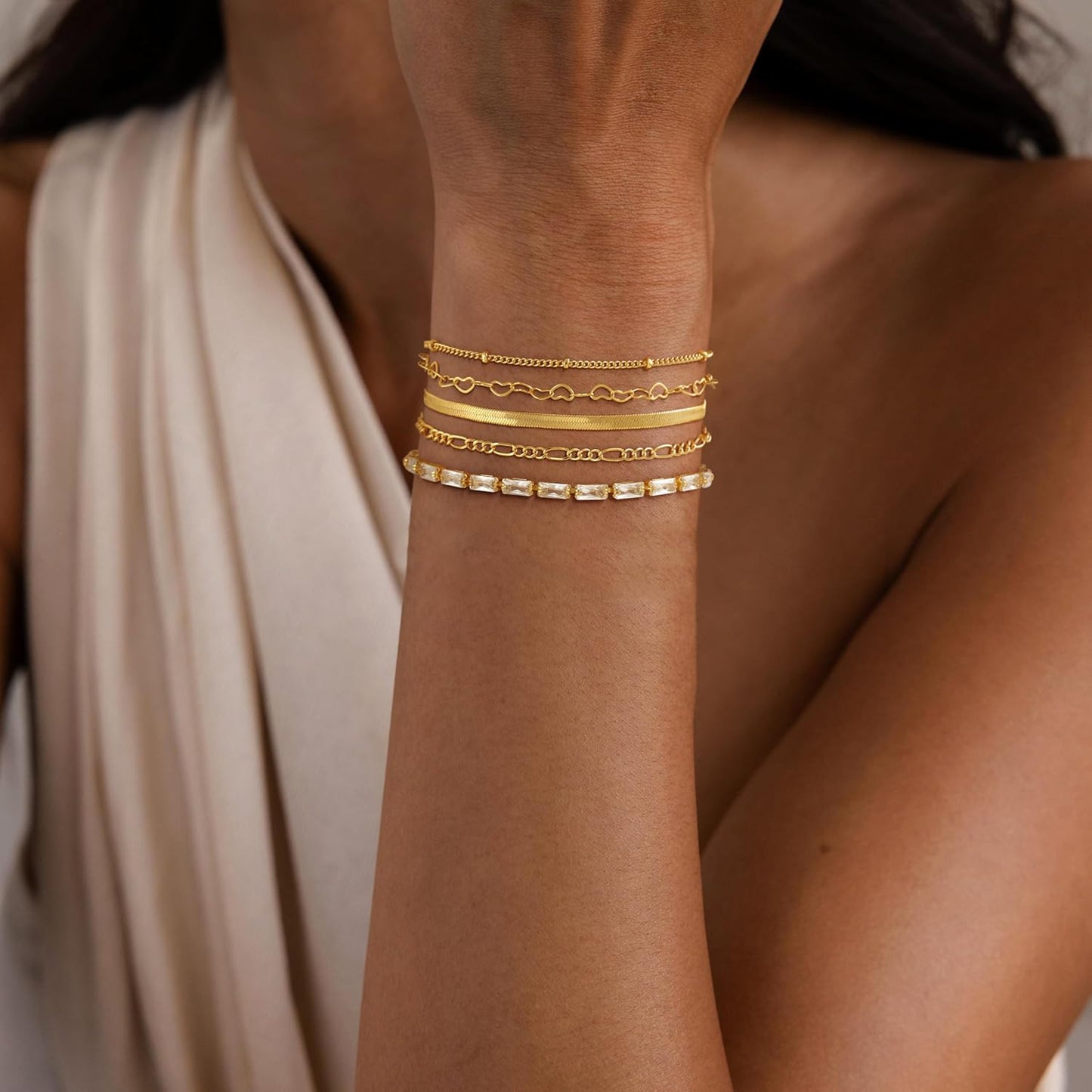 Gold Bracelets for Women, 14K Dainty Gold Plated Stackable Bracelets for Women Trendy Waterproof CZ Tennis Bracelet Set