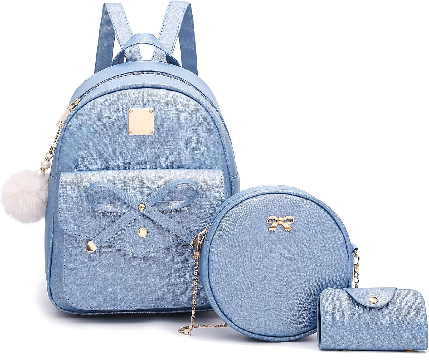 3-Pieces Girls Bowknot Fahsion Leather Backpack Backpack Purse for Women Rucksack
