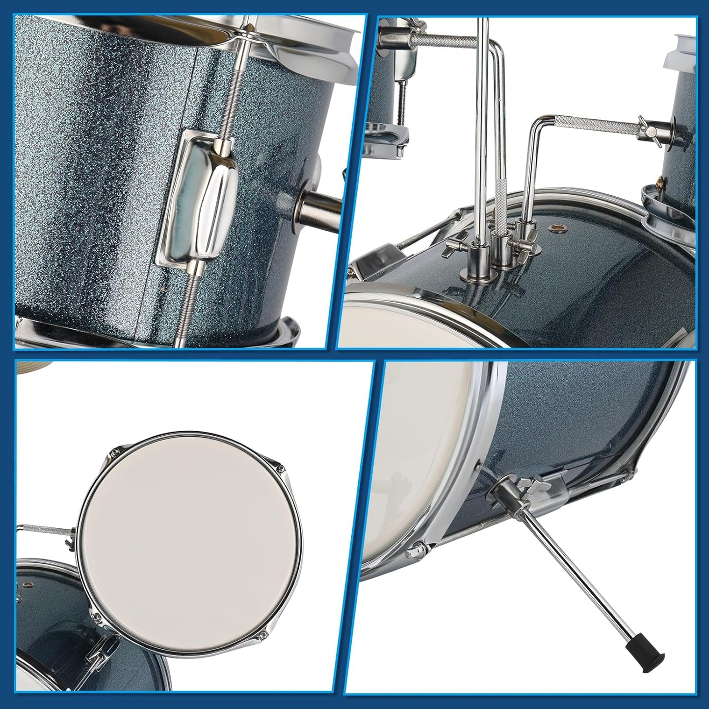 OMOMMD 3-Piece Drum Set, 14 Inch Beginners Drums Kit with Throne Stool, Pedal & 2 Pairs of Drumsticks, Junior Drums Set Musical Instruments W/Cymbal, Tom, and Snare Drum (Blue)
