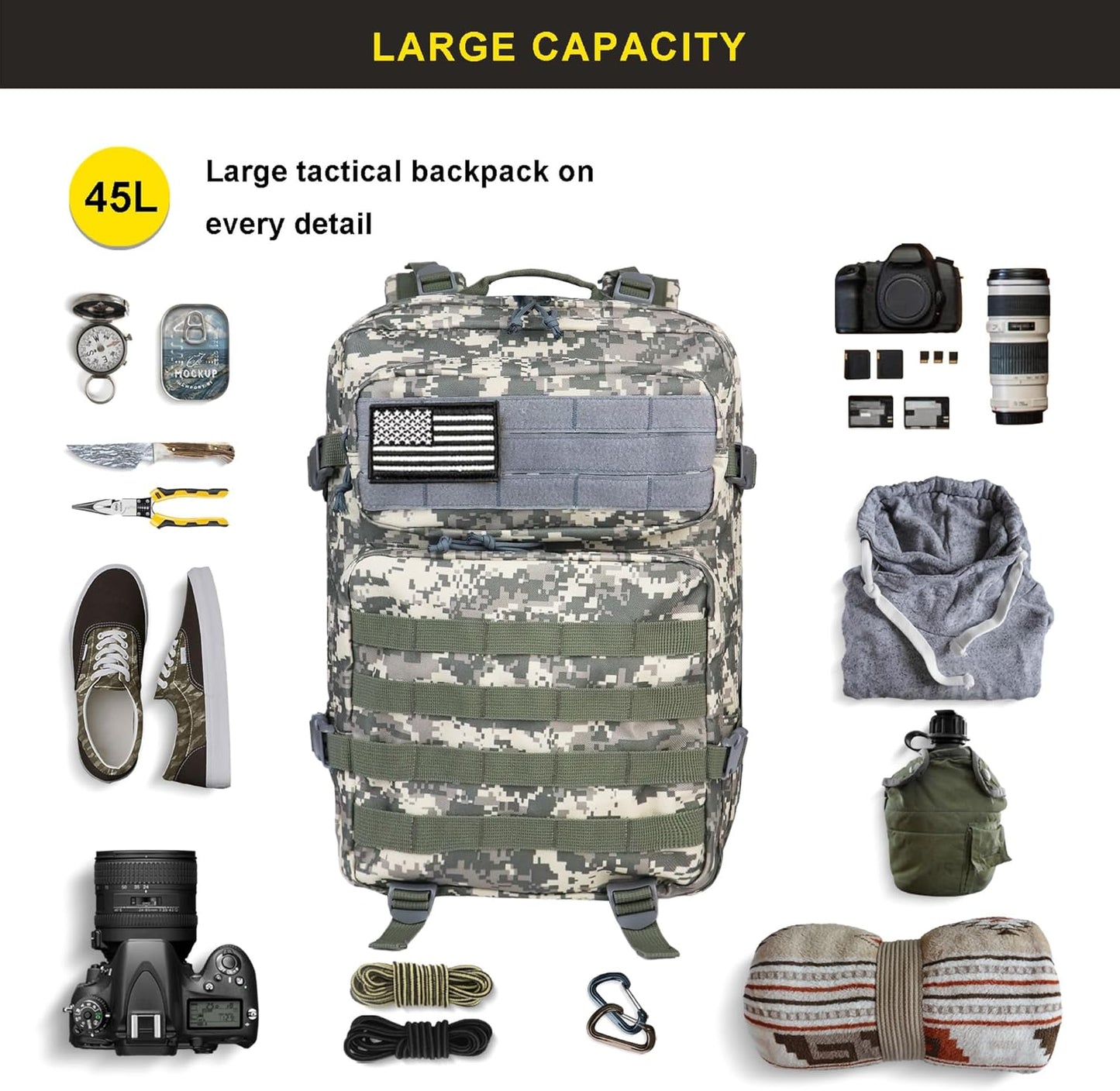 45L Military Tactical Backpack for Men and Women Army  Bag Large Rucksack with Molle System