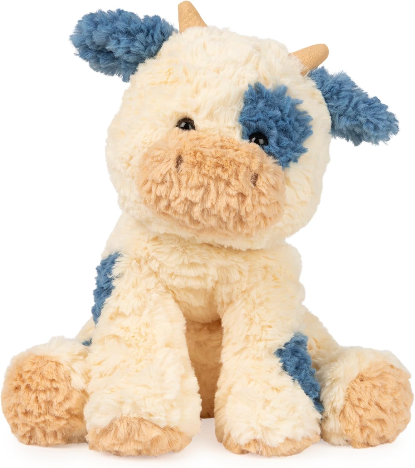OMOMMD Cozys Collection Cow, Stuffed Animal for Ages 1 and Up, Spring Decor Plush Toy, Cream/Blue, 10”