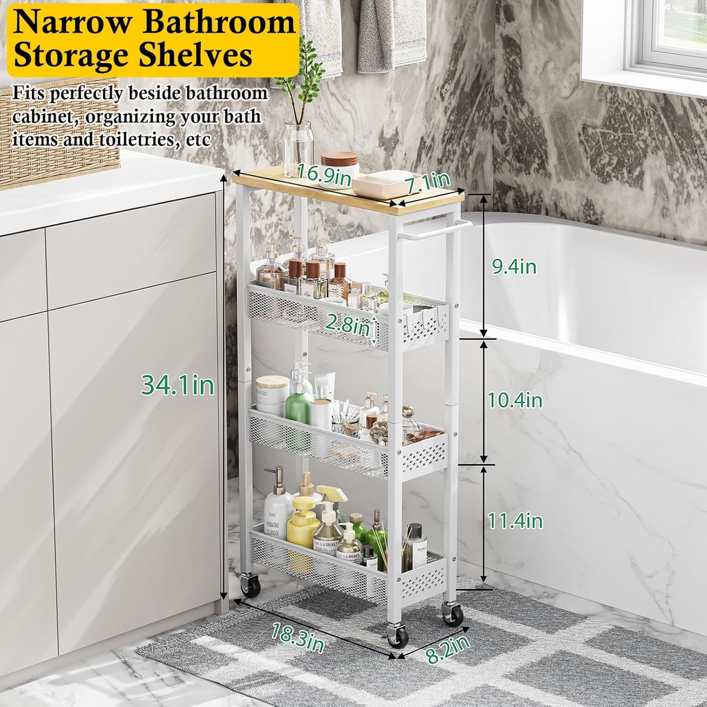 Utility Slim Storage Cart, 4 Tier Small Rolling  Cart with Wood Top, Metal Narrow Bathroom