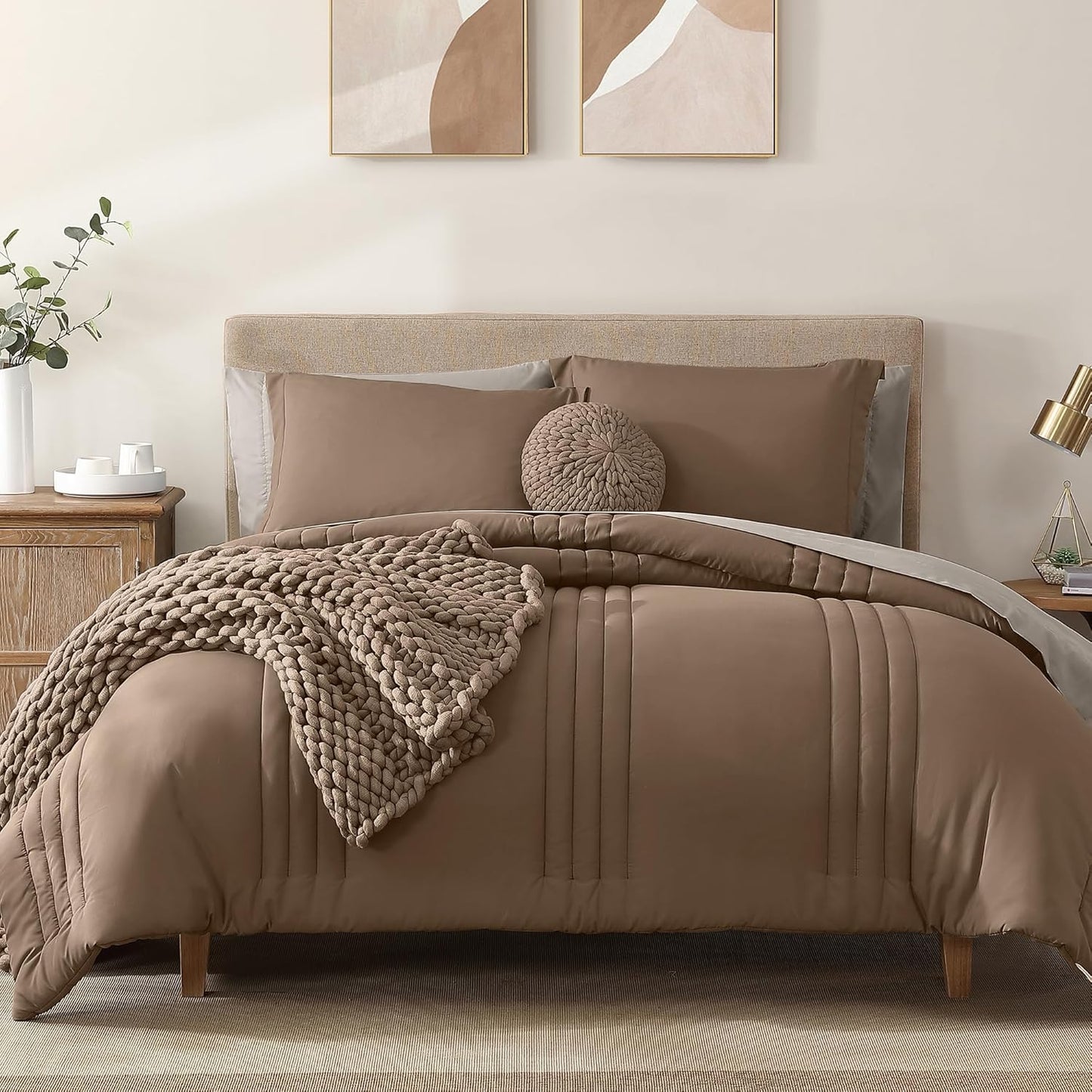 Queen Comforter Set - 7 count Beige Bed in a Bag Queen Bedding Sets , All Seasons