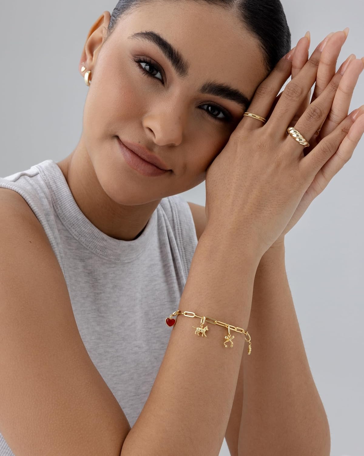 14K Gold Plated Adjustable Bracelet for Women | Twisted Bar & Paperclip Charm Chain Bracelets with Moon, Evil Eye