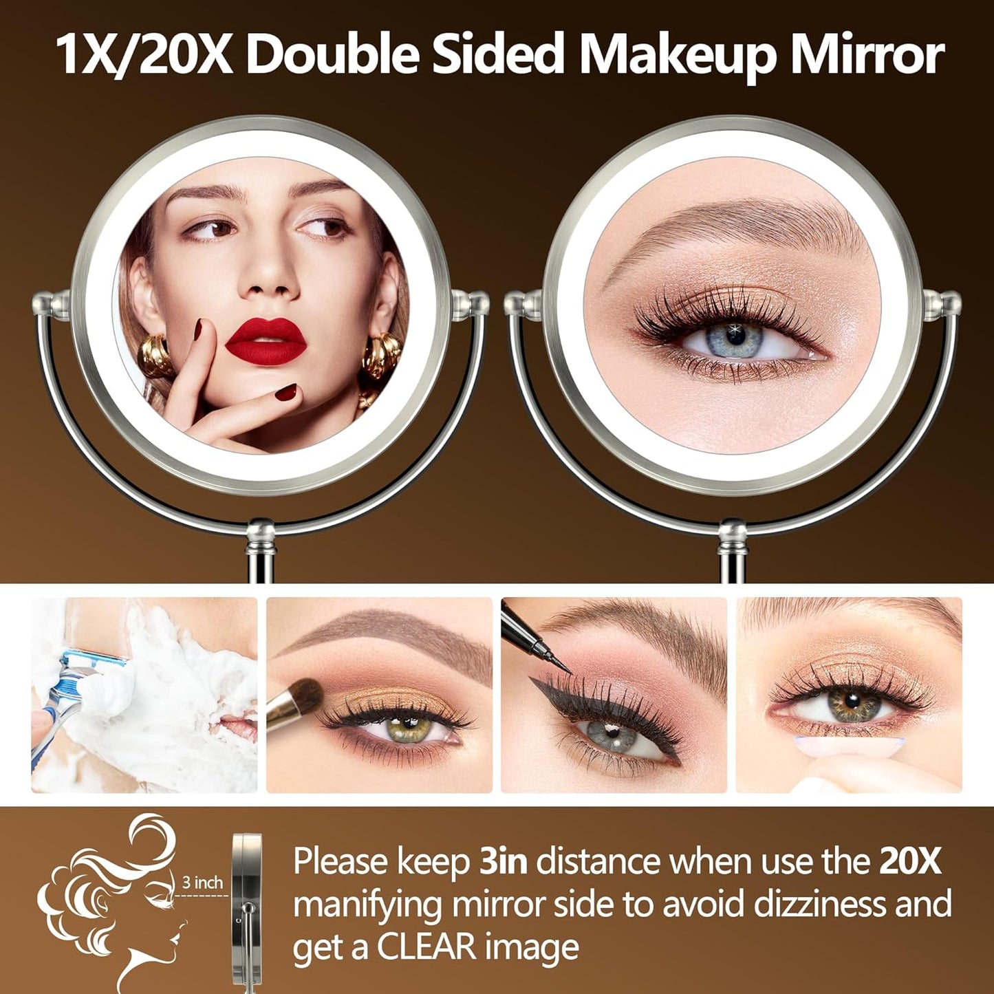 20x Large Lighted Makeup Mirror, Rechargeable 9" Magnifying Makeup Mirror,360° Rotation Cosmetic Mirror