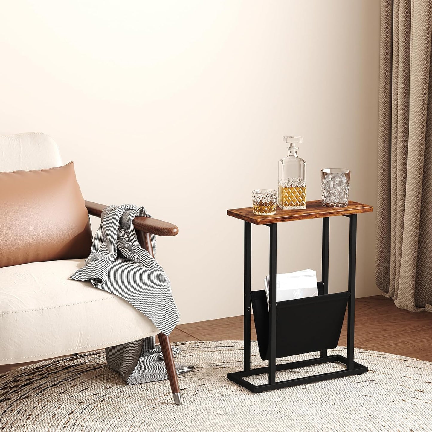 Narrow Side Table for Small Spaces, Small End Table with Magazine Holder, Skinny Slim