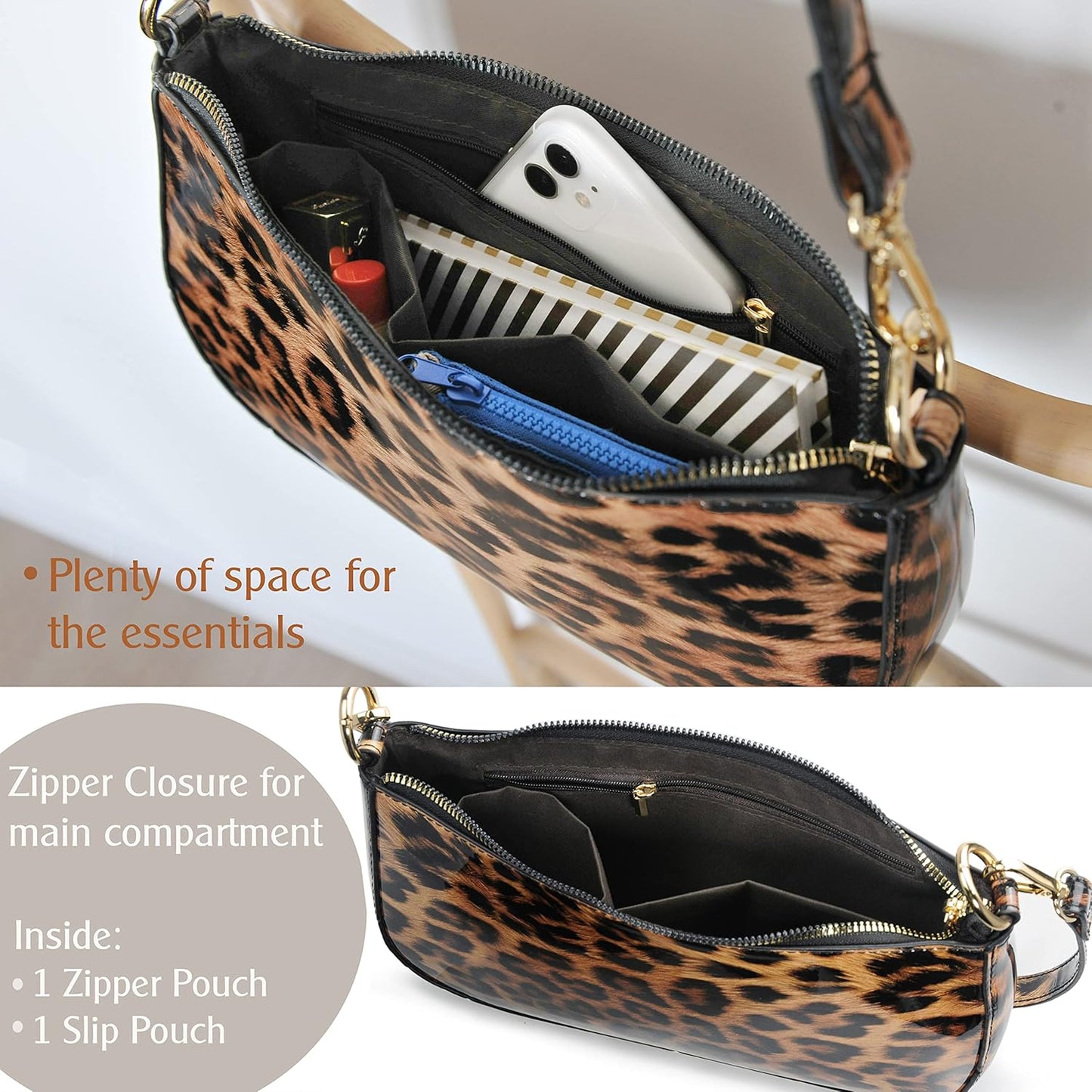 Leopard  Women Shoulder Bag Glossy Patent Vegan Leather Crossbody Bag Clutch Purse