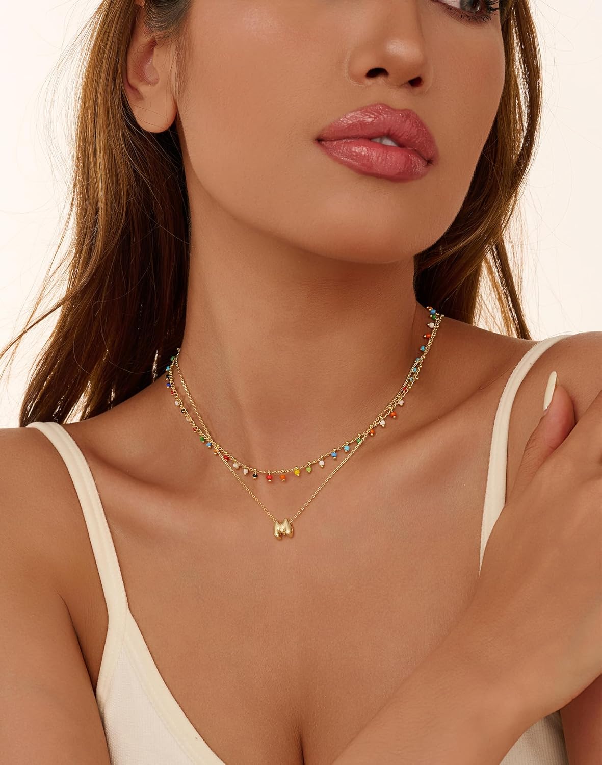 Colorful Bead Layered Initial Necklace for Women - Dainty Letter Choker, Personalized Beach Jewelry Gift