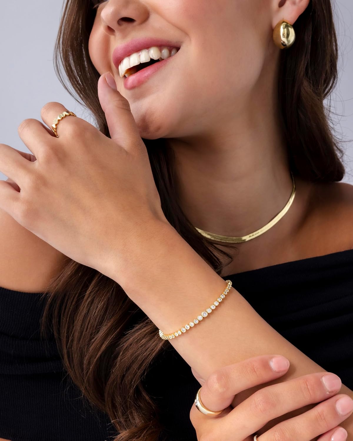 14K-18K Gold Plated Simulated Diamonds Bezel Set Tennis  -  Round Pear Heart Statement Bride Gold Bracelet Stack - Sizes 6.5-7.5 Inch