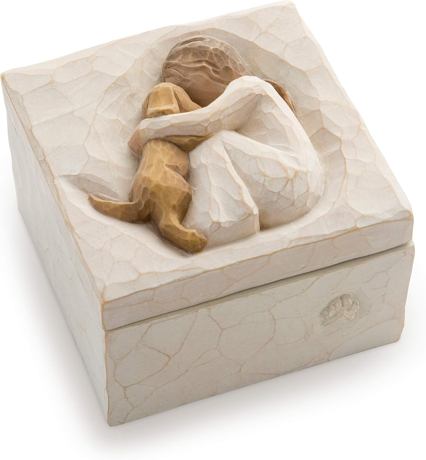 Box for Jewelry and Treasures with Bas-Relief Carving of Girl with Puppy Dog, Sculpted Hand-Painted Keepsake Box