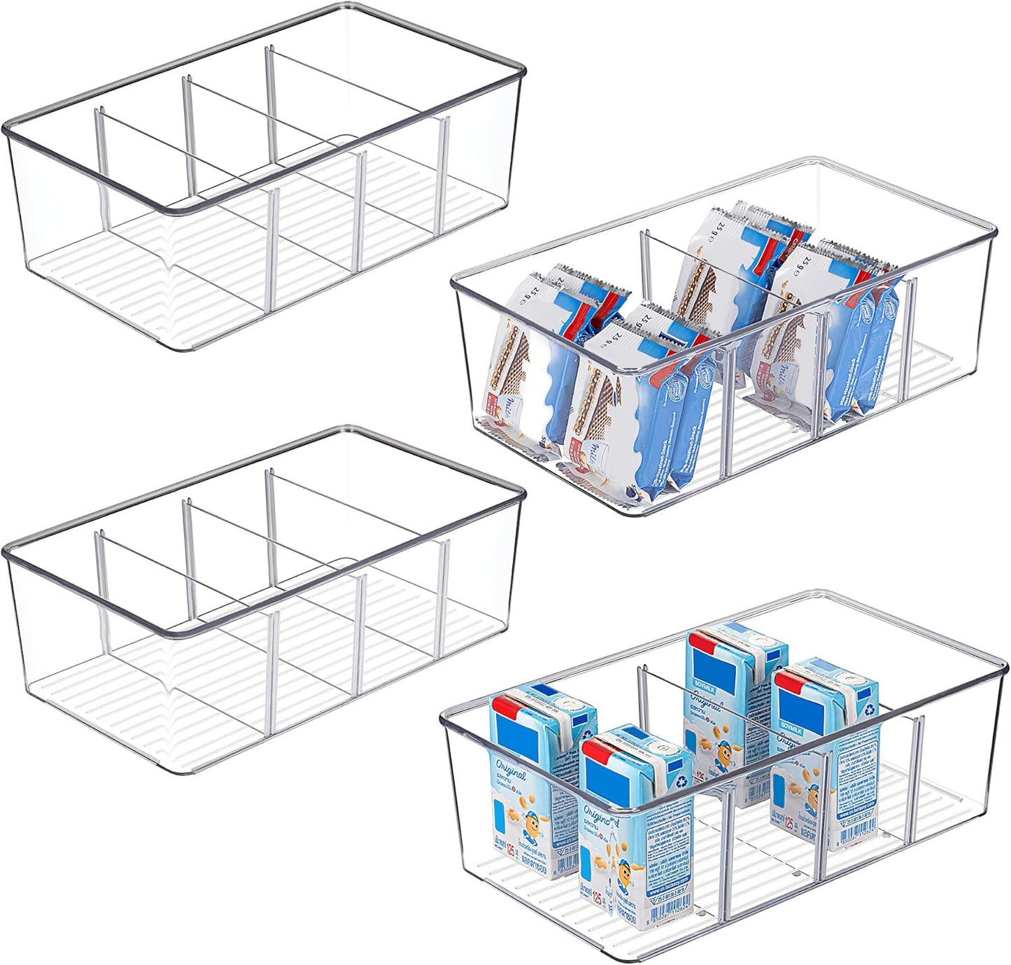 4 Pack Food Storage Organizer Bins, 4 Compartment Holder Packets, Clear Plastic Bins for Pantry