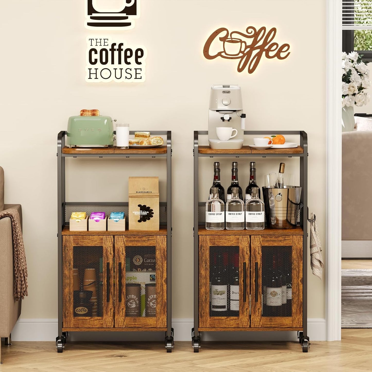 3-Tier Rolling Coffee Bar Table, Farmhouse Coffee Cart Station with 2 Doors for Living Room, Dining Room