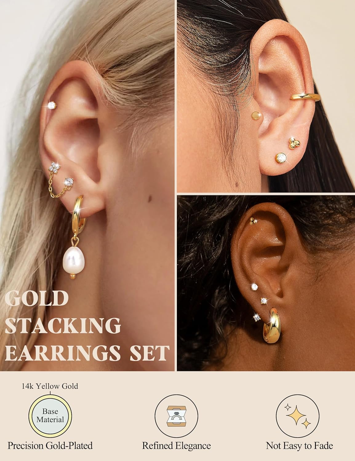 Flat Back Earrings for Women Surgical Steel Earrings for Sensitive Ears-20G Cartilage Earring Stacks Gold Hoops Flatback