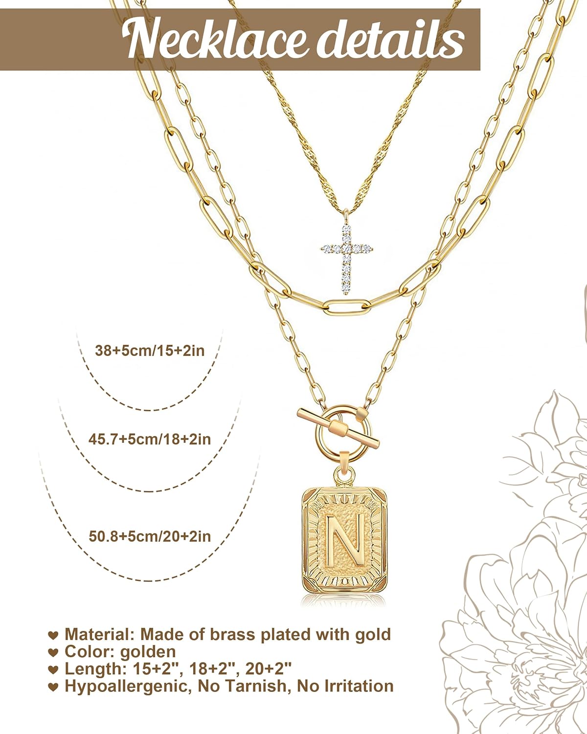 Layered Initial Necklace for Women, 14K Gold Plated Letter Pendant with Cross Charm, Paperclip Chain Choker Jewelry