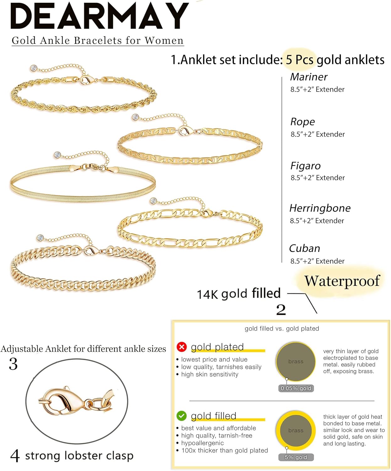 Gold Bracelets - Real 14K Women's Cute Tennis Cubic Beaded Link Paperclip Dainty Bracelet Pack