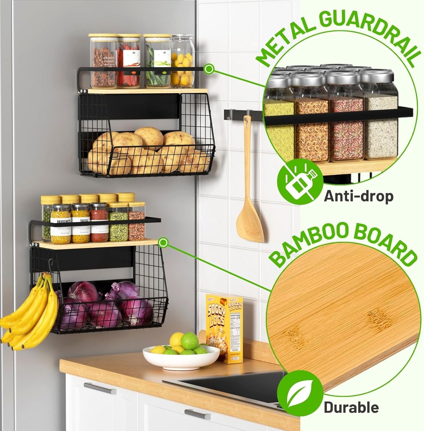 Magnetic Shelf for Fridge with Wood Lid, Fruit Potato and Onion Storage Bins, Pantry Organizers & Storage