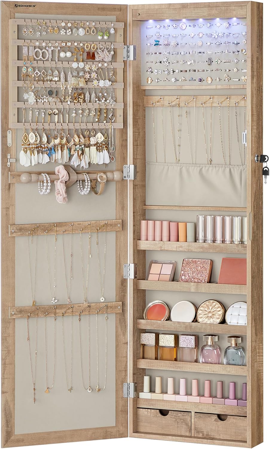 6 LEDs Mirror Jewelry Cabinet, Tall Lockable Wall or Door Mounted Jewelry Armoire Organizer