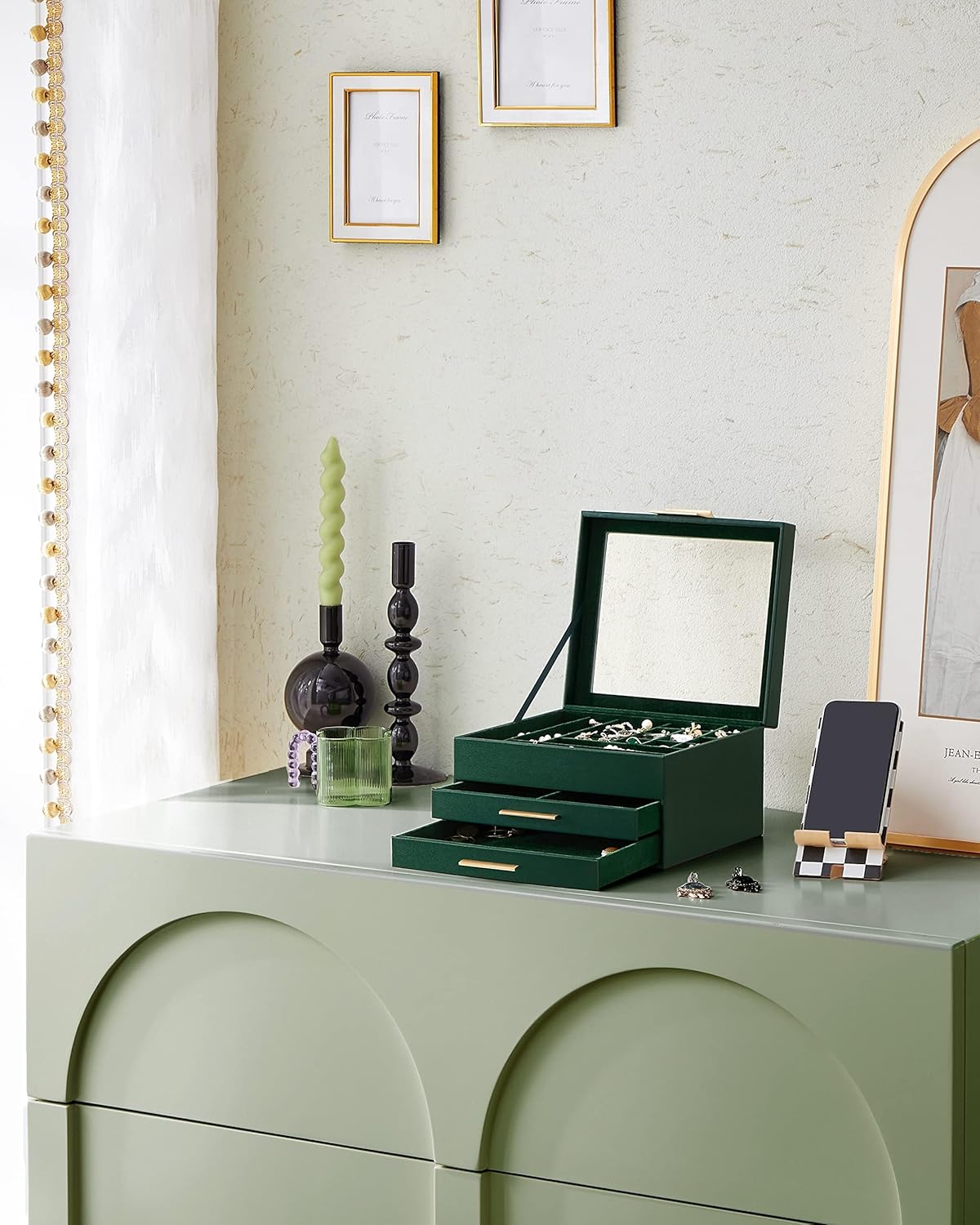Jewelry Box Organizer with Glass Lid, 3-Layer Jewelry Storage, with 2 Drawers, Modern Style, Forest Green and Gold Color