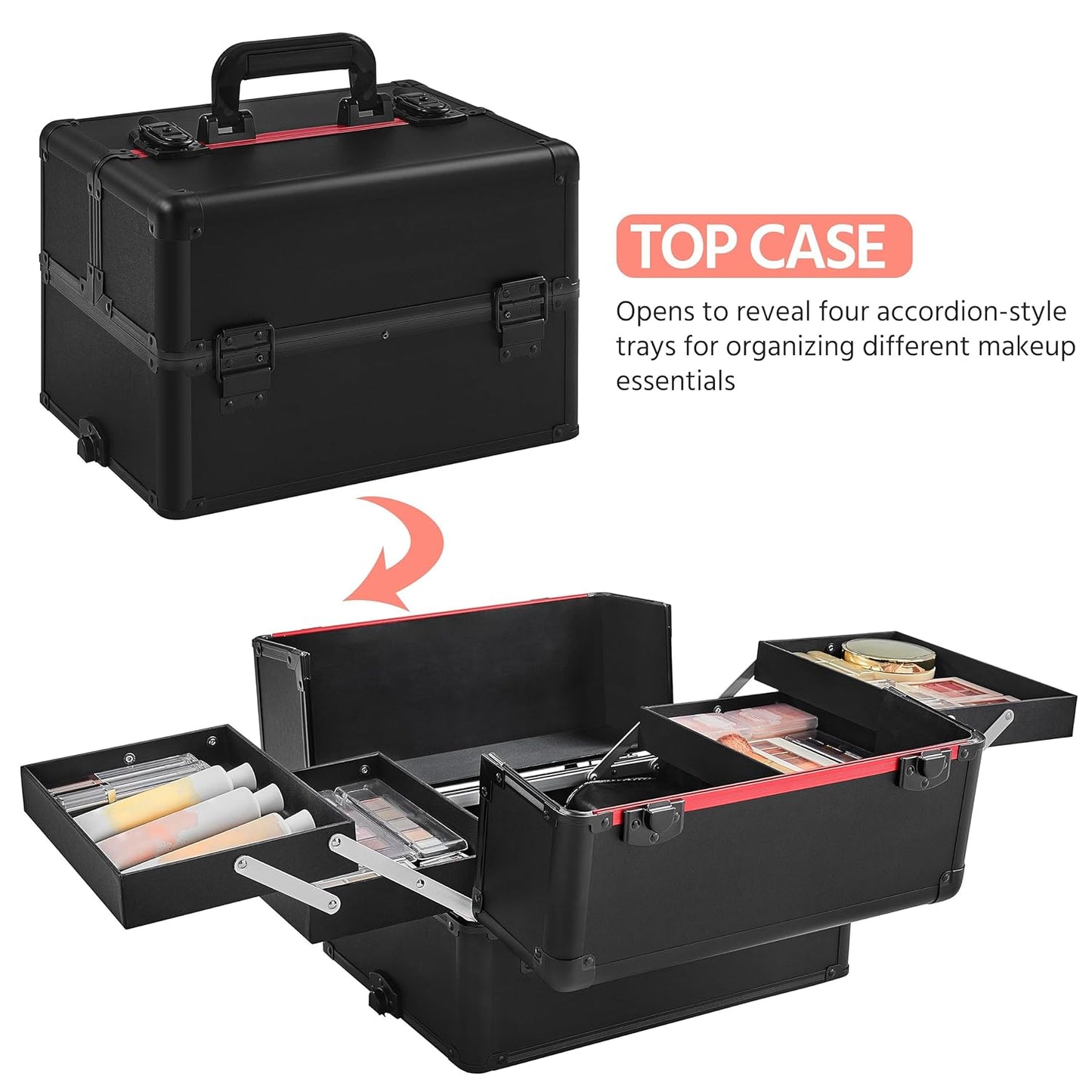 4 in 1 Professional Makeup  Case Aluminum Cosmetic Case Rolling Makeup Case Extra Large Trolley