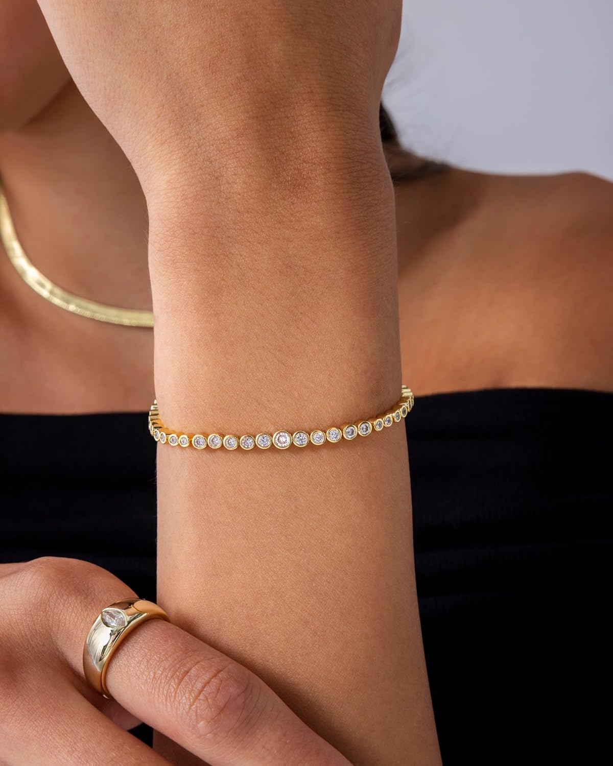 14K-18K Gold Plated Simulated Diamonds Bezel Set Tennis  -  Round Pear Heart Statement Bride Gold Bracelet Stack - Sizes 6.5-7.5 Inch