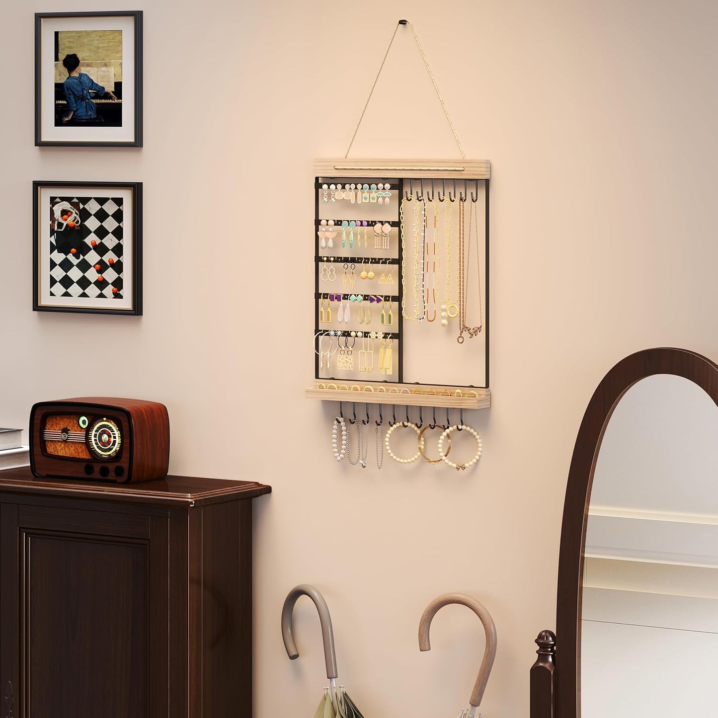 Hanging Jewelry Organizer, 5-Tier Wall Earring Holder with Wooden Ring Groove, Jewelry Rack Wall Mounted
