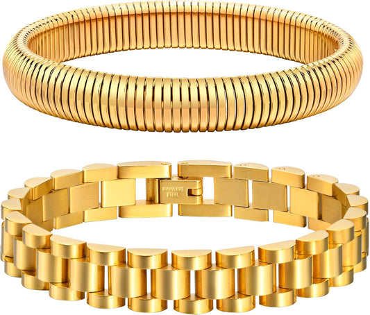 2pcs Gold Chain Link Bracelet, Stainless Steel Crystal Friendship Bracelets Bangle,Watch Band Chains Wristband