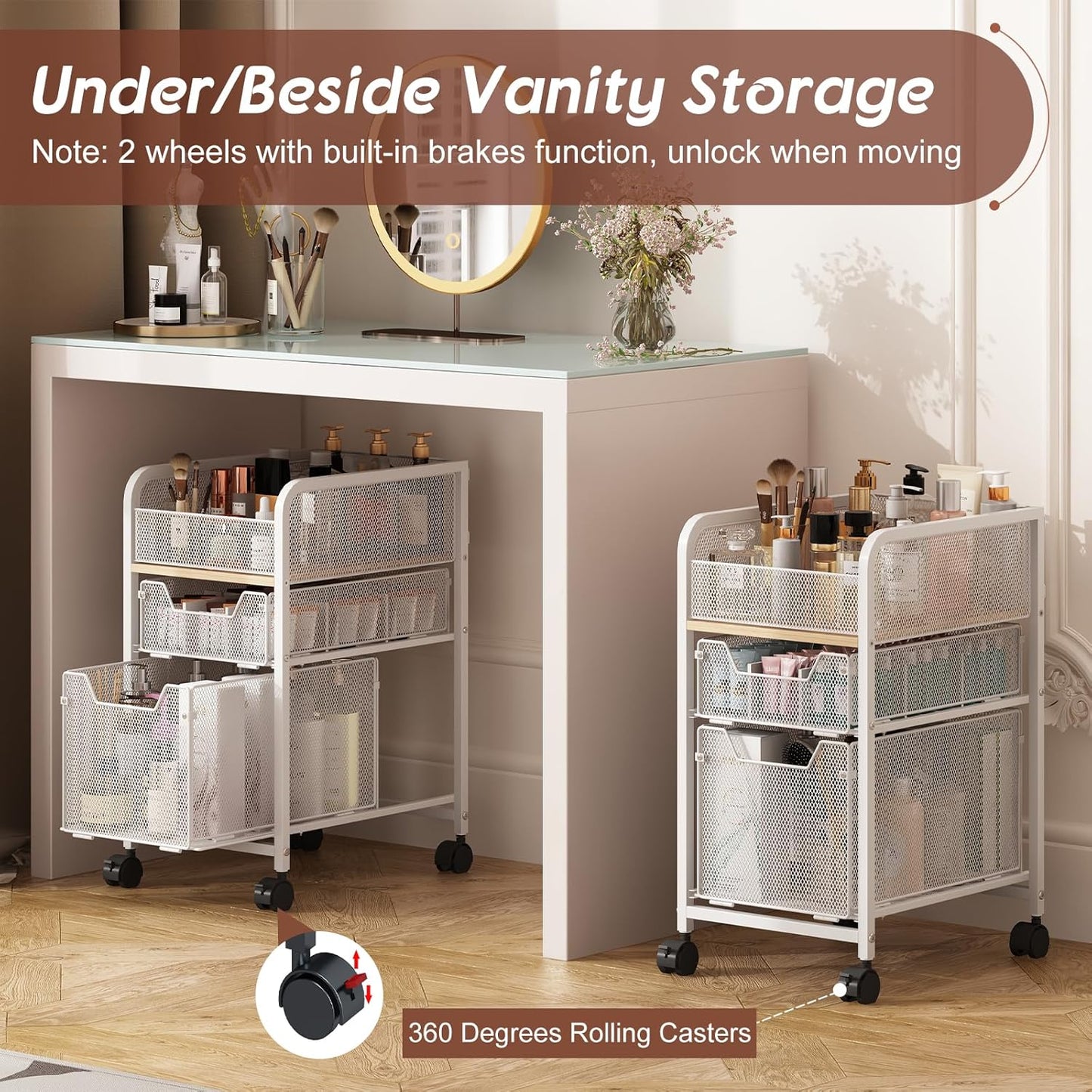 Rolling Makeup Cart Organizer with 2 Drawers, Narrow Floor Skincare Organizers, Vanity Organizer
