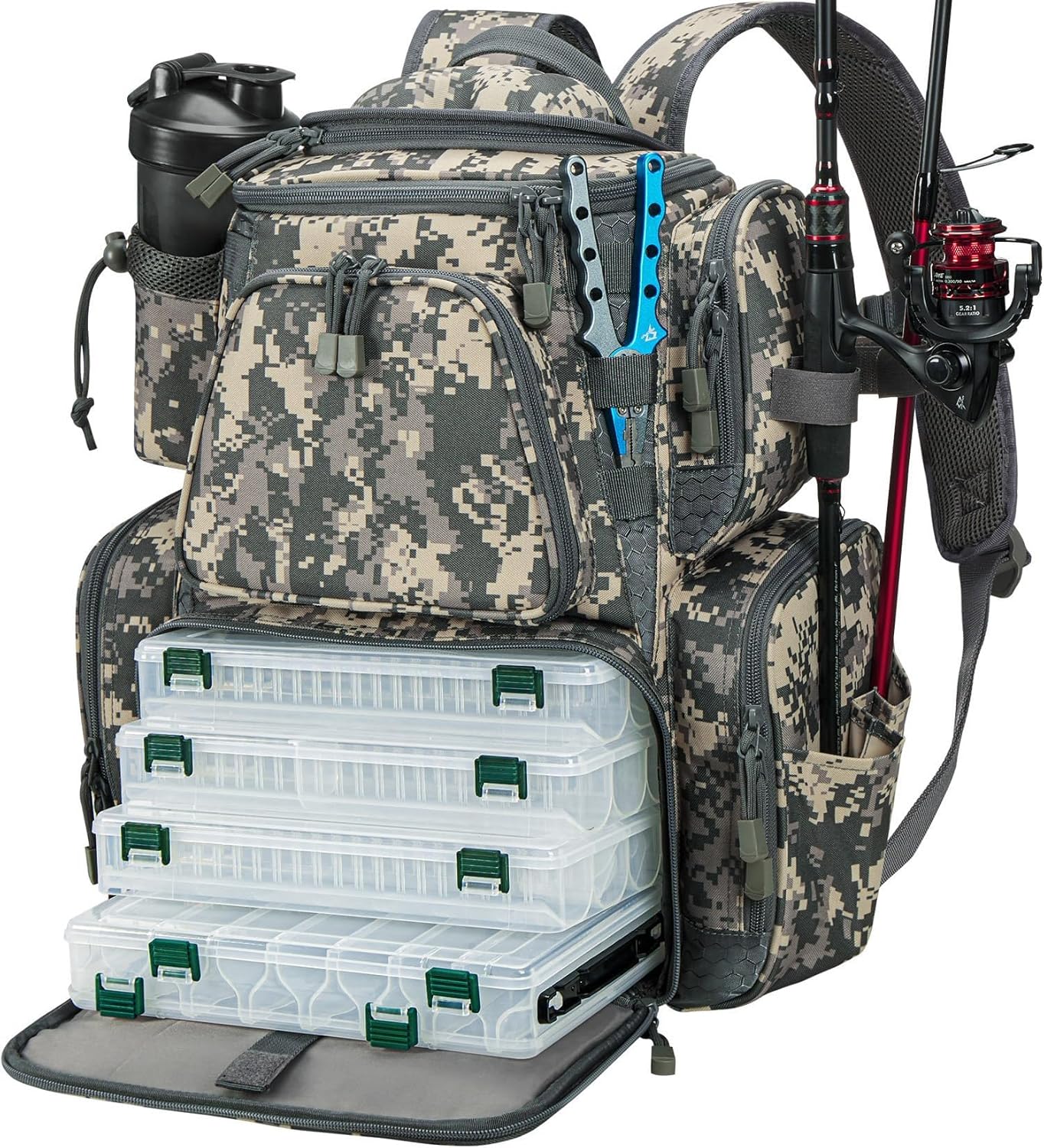 with 2 Rod Holders & 4 Tackle Boxes, Large Tackle Storage Bag With Rain Cover for Fishing Gear