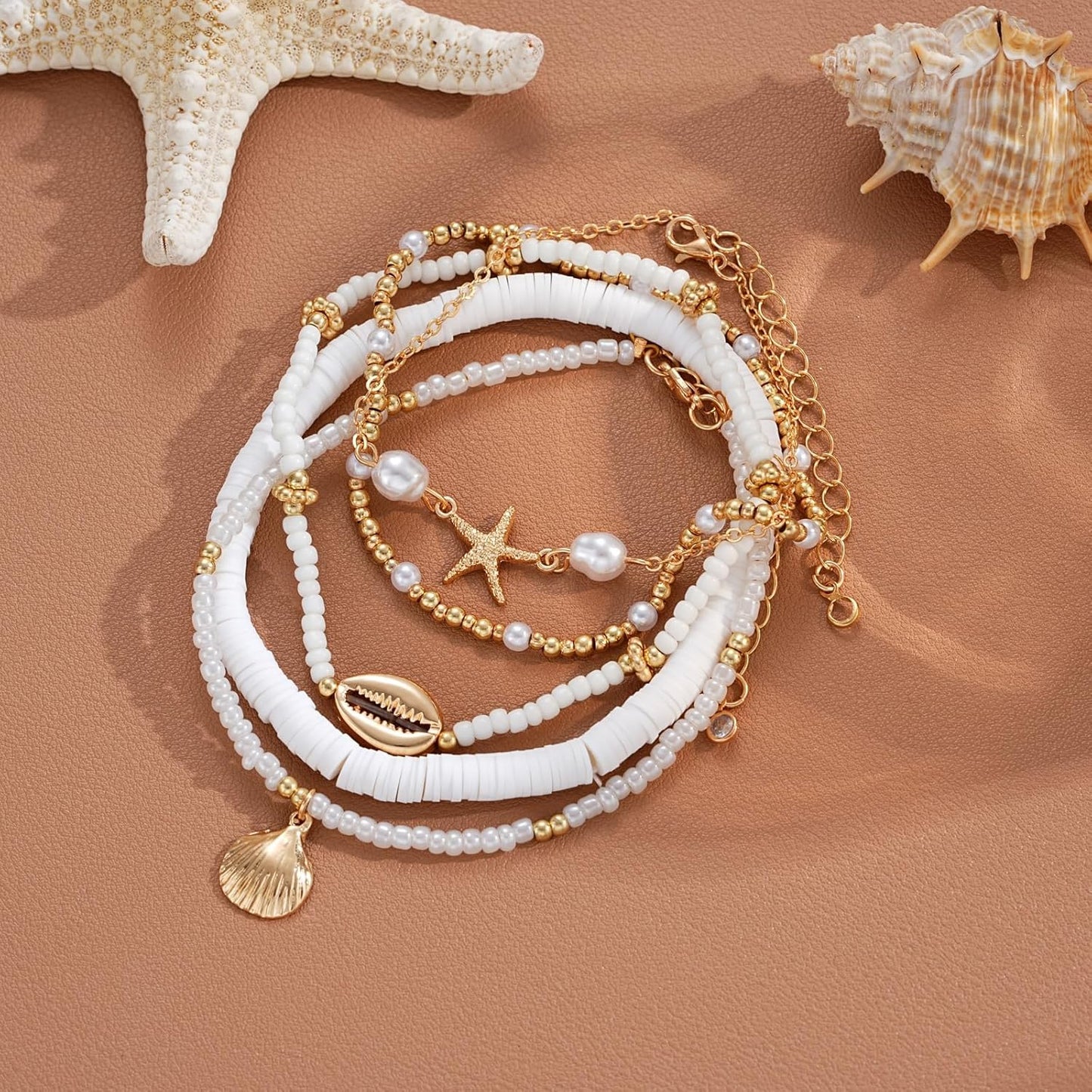 5 Pairs Boho Bead Handmade Adjustable Anklet, Hawaiian Beach Seashell Starfish Foot