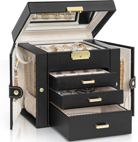 4-Tier Jewelry Box Leather Jewelry Storage Organizer with 3 Drawers Lockable