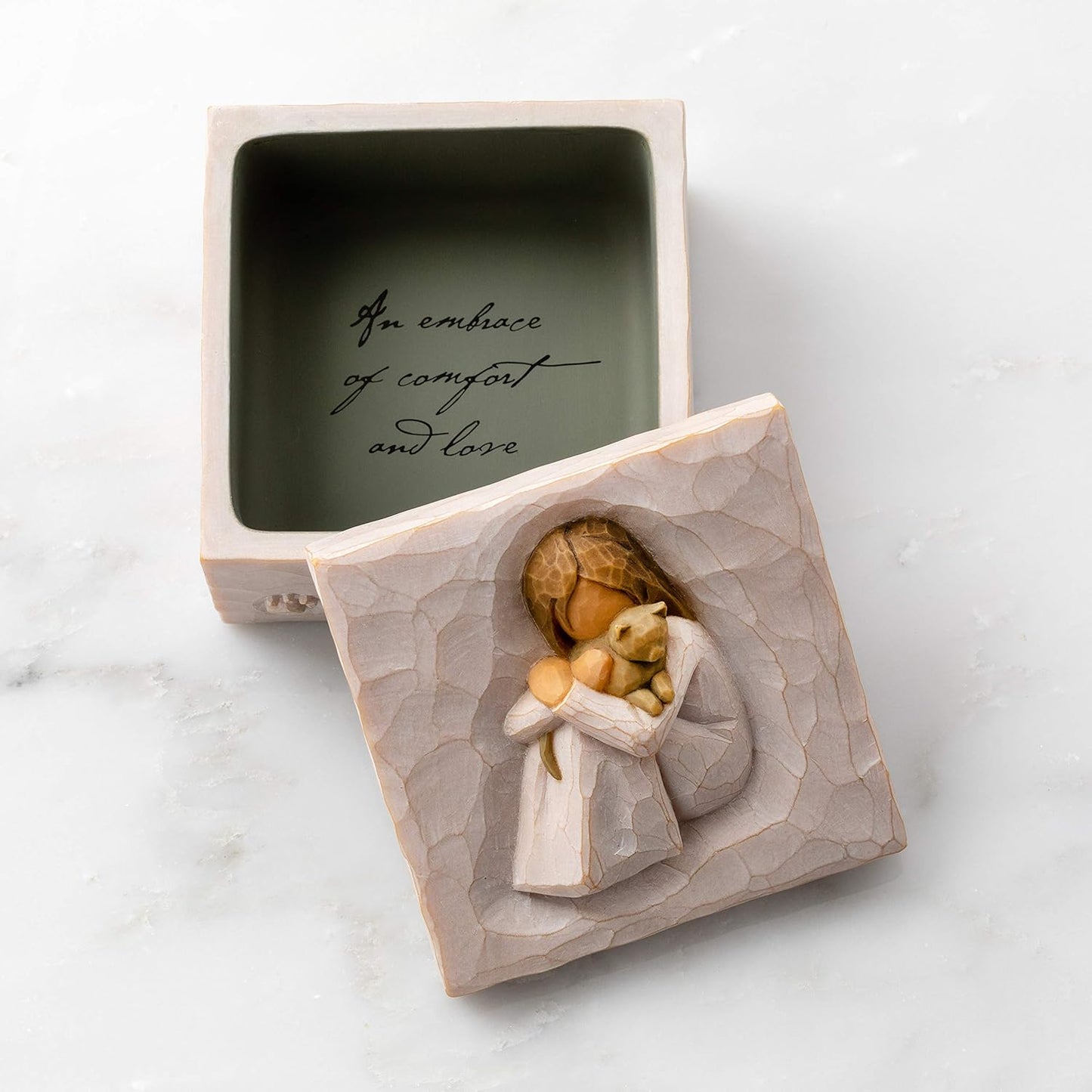 Box for Jewelry and Treasures with Bas-Relief Carving of Girl with Puppy Dog, Sculpted Hand-Painted Keepsake Box