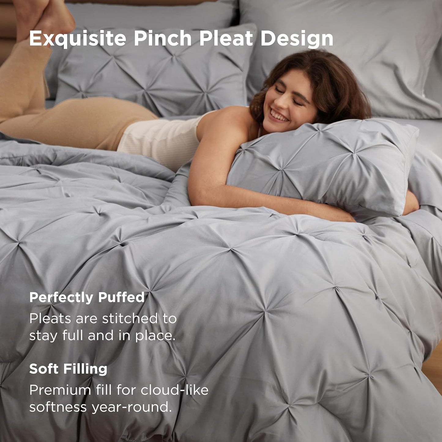 Queen Comforter Set Grey - Bed in a Bag Queen Size Bedding 7 Pieces, GentleSoft邃｢ Pintuck Bed Set Gift for Family, Pinch Pleat All Season Comforter with Sheets, Pillowcases & Shams
