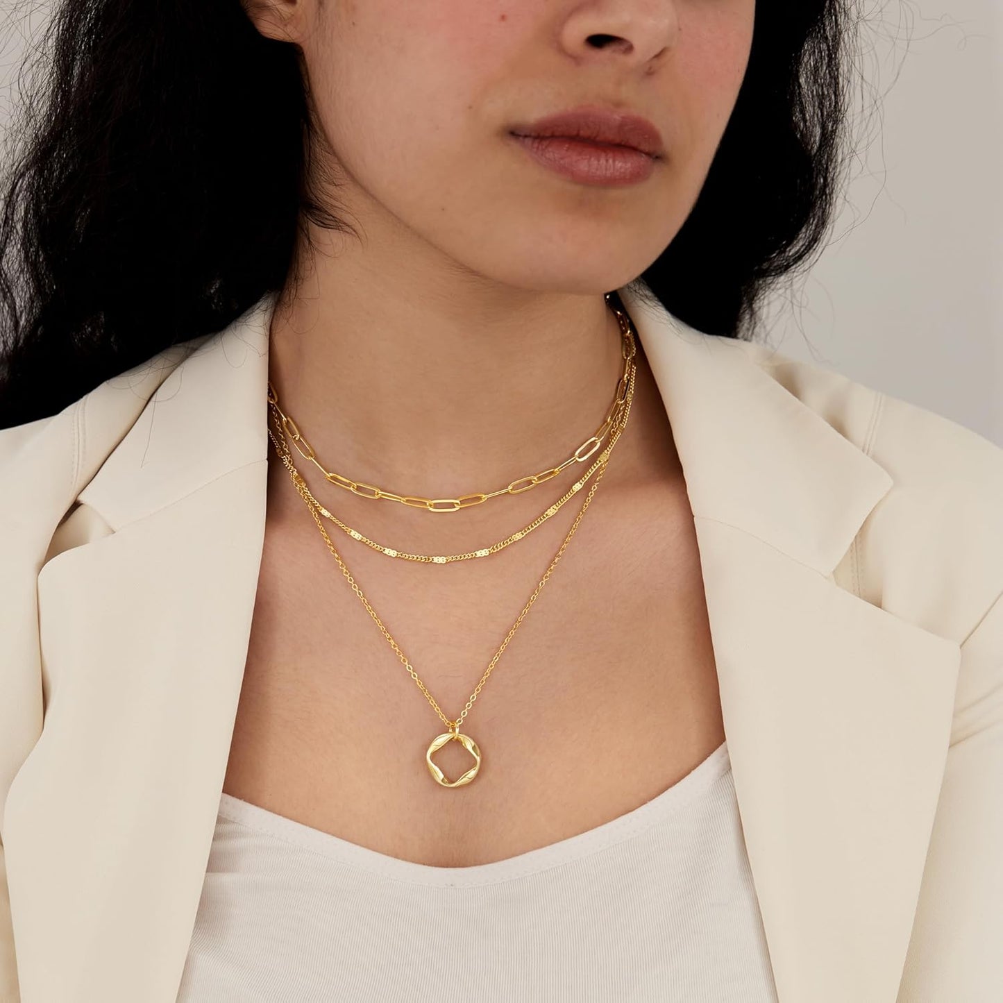 14K Gold Layered Necklace Set – Stackable Paperclip & Circle Pendant Choker for Women