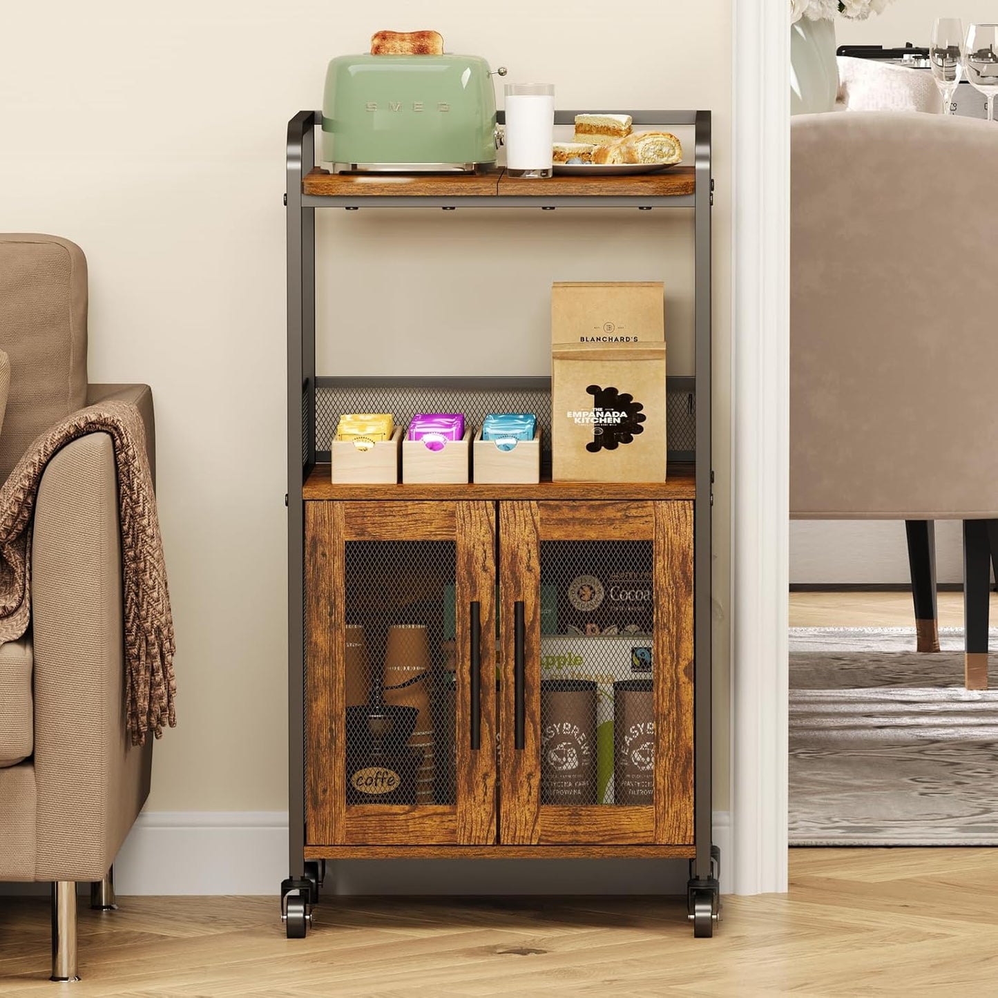 3-Tier Rolling Coffee Bar Table, Farmhouse Coffee Cart Station with 2 Doors for Living Room, Dining Room