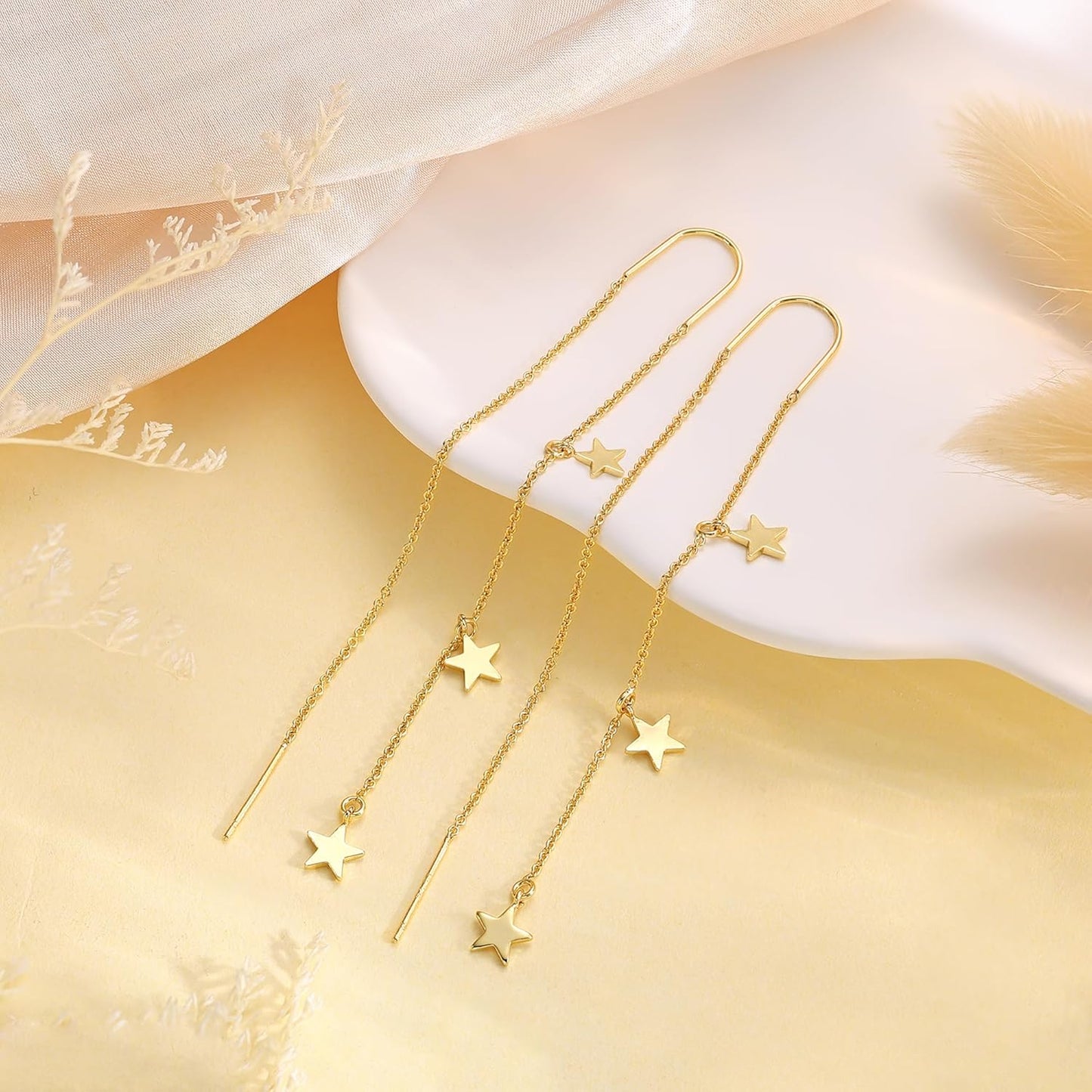 Dangle Threader Earrings for Women: Dainty 14k Gold Plated Drop Long Chain Earrings Trendy  Non Tarnish Elegant Cubic