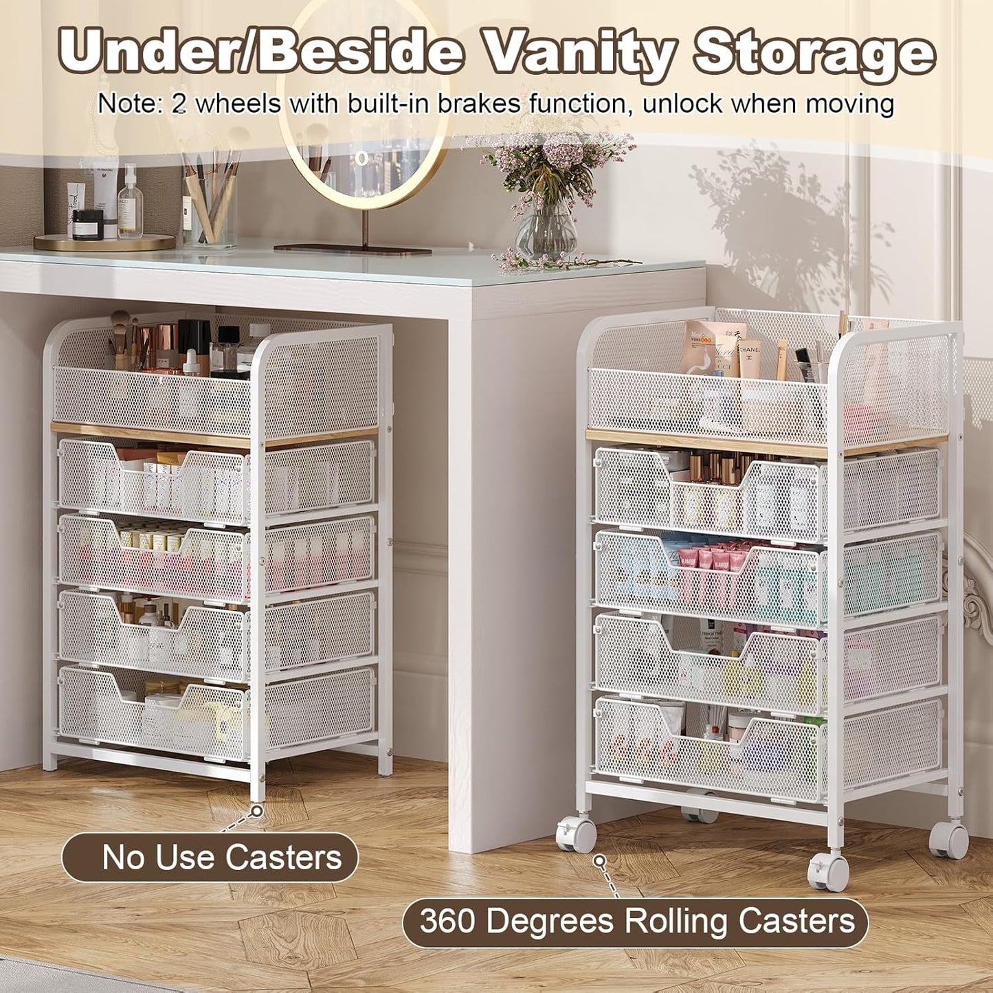 Makeup Cart Organizer with 4 Drawers, Large Floor Skincare Organizers, Vanity Storage