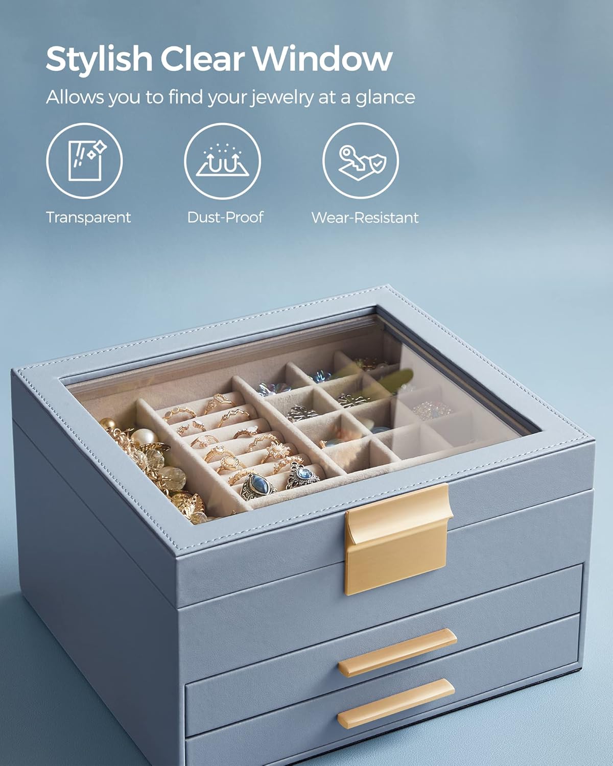 Jewelry Box Organizer with Glass Lid, 3-Layer Jewelry Storage, with 2 Drawers, Modern Style, Smoky Blue and Gold Color