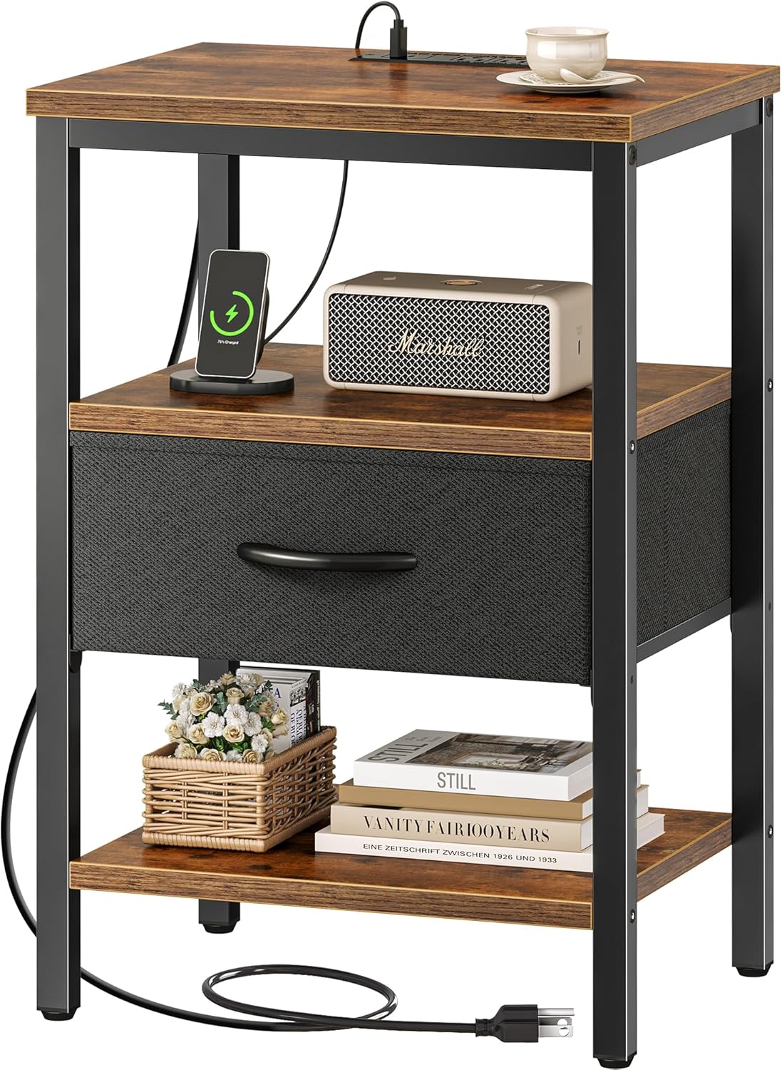 Nightstand with Charging Station, Bed Side Table with Adjustable Fabric Drawer, 3-Tier Storage