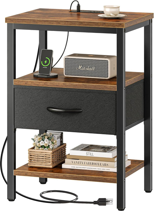 Nightstand with Charging Station, Bed Side Table with Adjustable Fabric Drawer, 3-Tier Storage