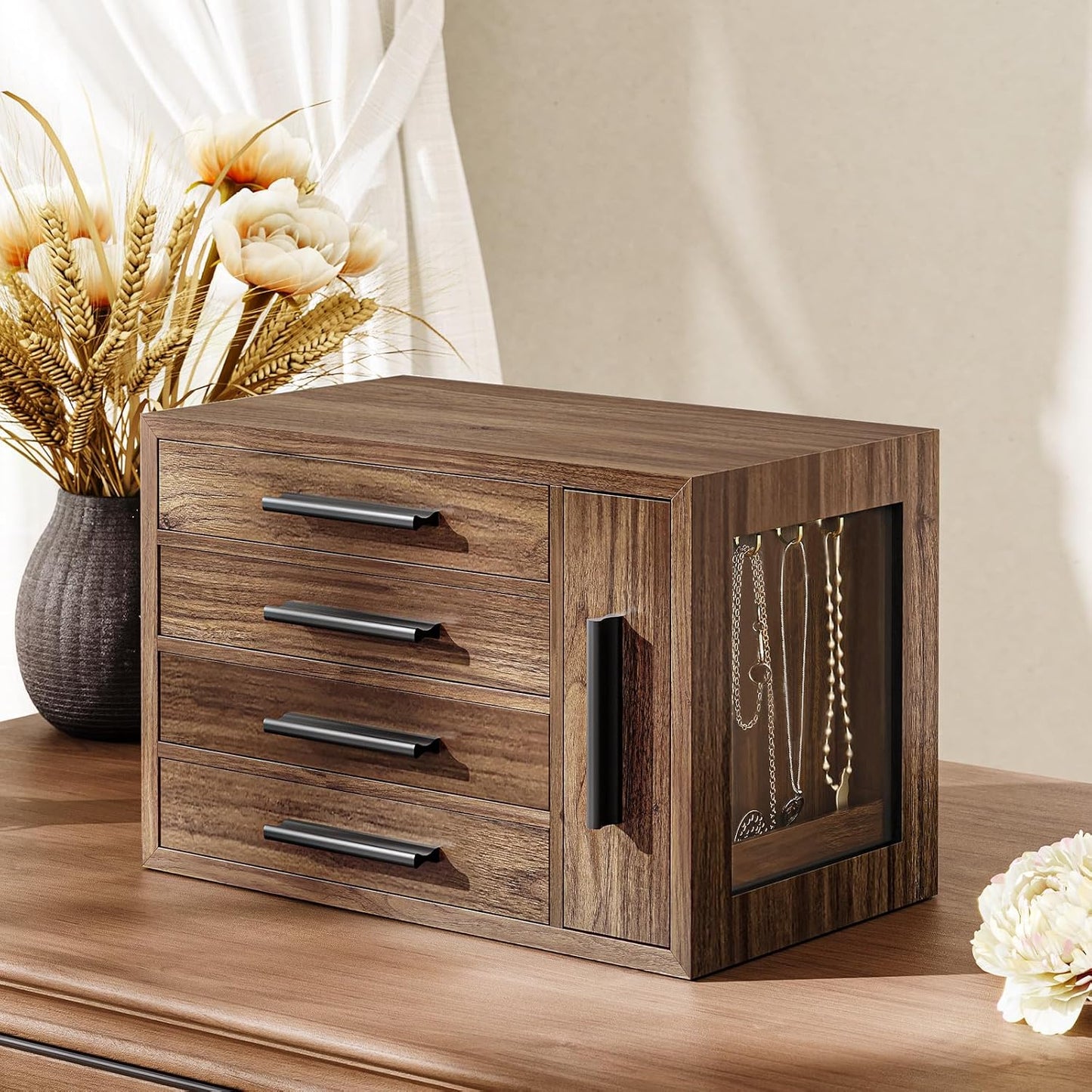 4-Layer Jewelry Organizer Box, Wooden Jewelry Organizer with Transparent Window