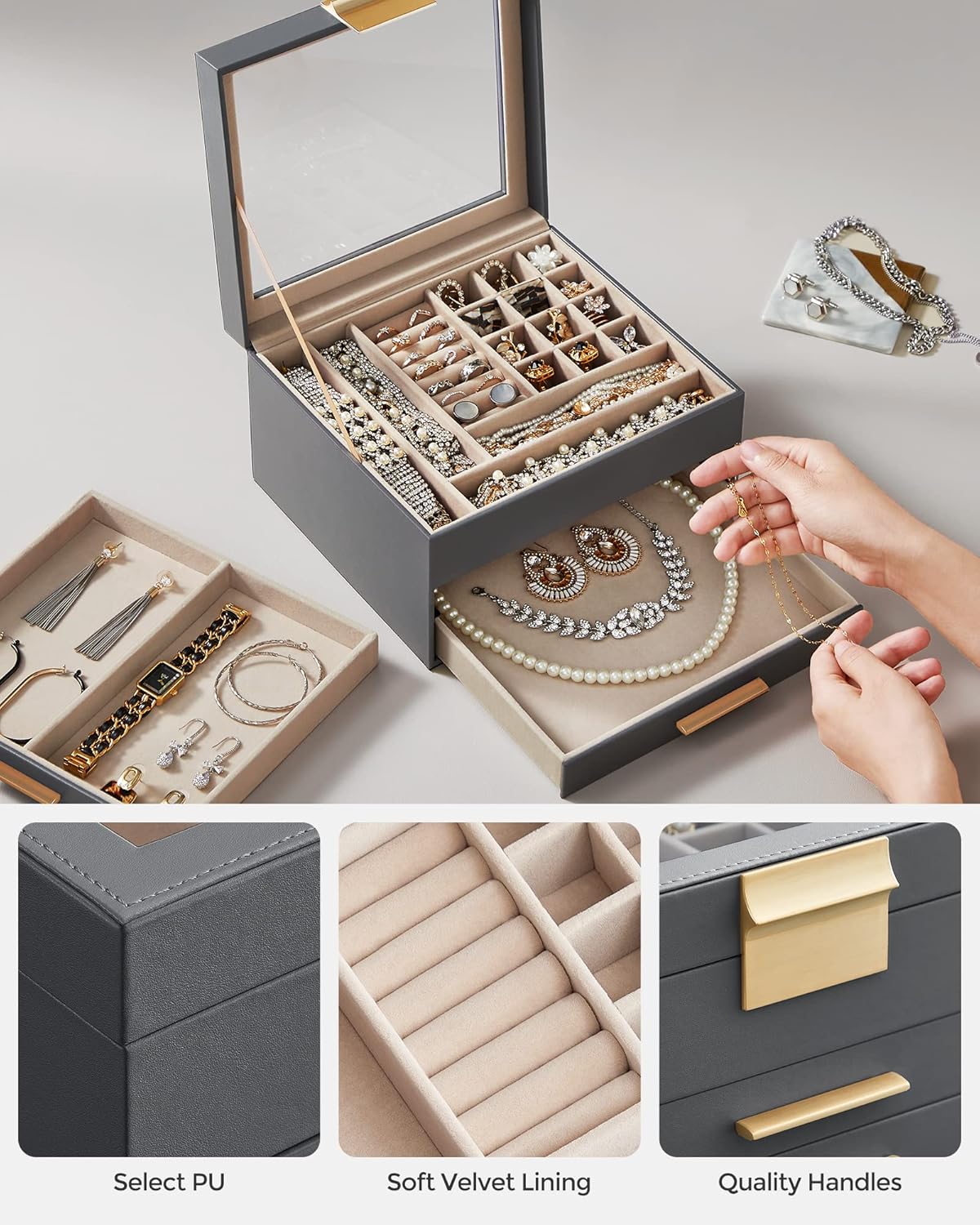 Jewelry Box Organizer with Glass Lid, 3-Layer Jewelry Storage, with 2 Drawers, Modern Style,Interstellar Gray and Gold Color