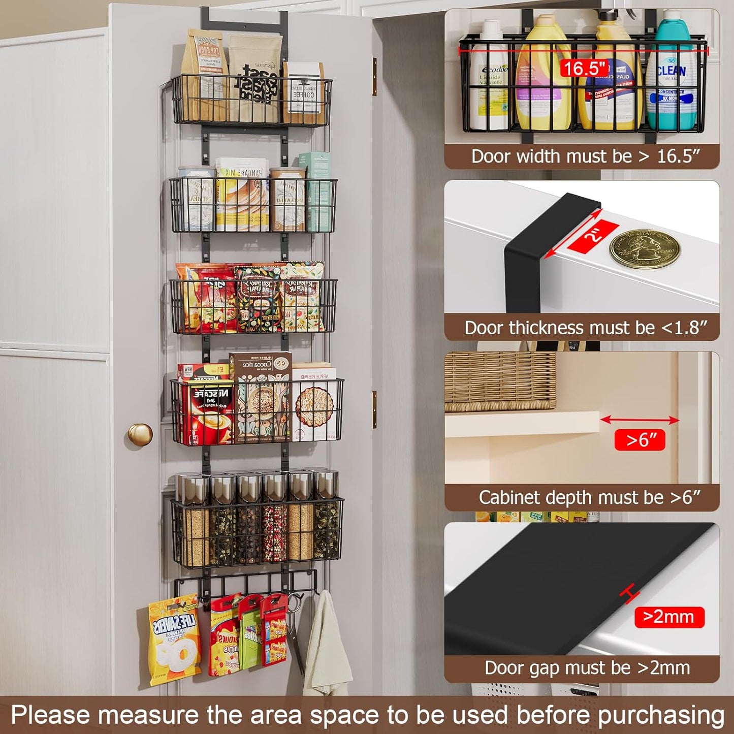 Adjustable Over The Door Organizer, Metal Hanging Door Organizer with 5 Wire Basket 7 Hooks
