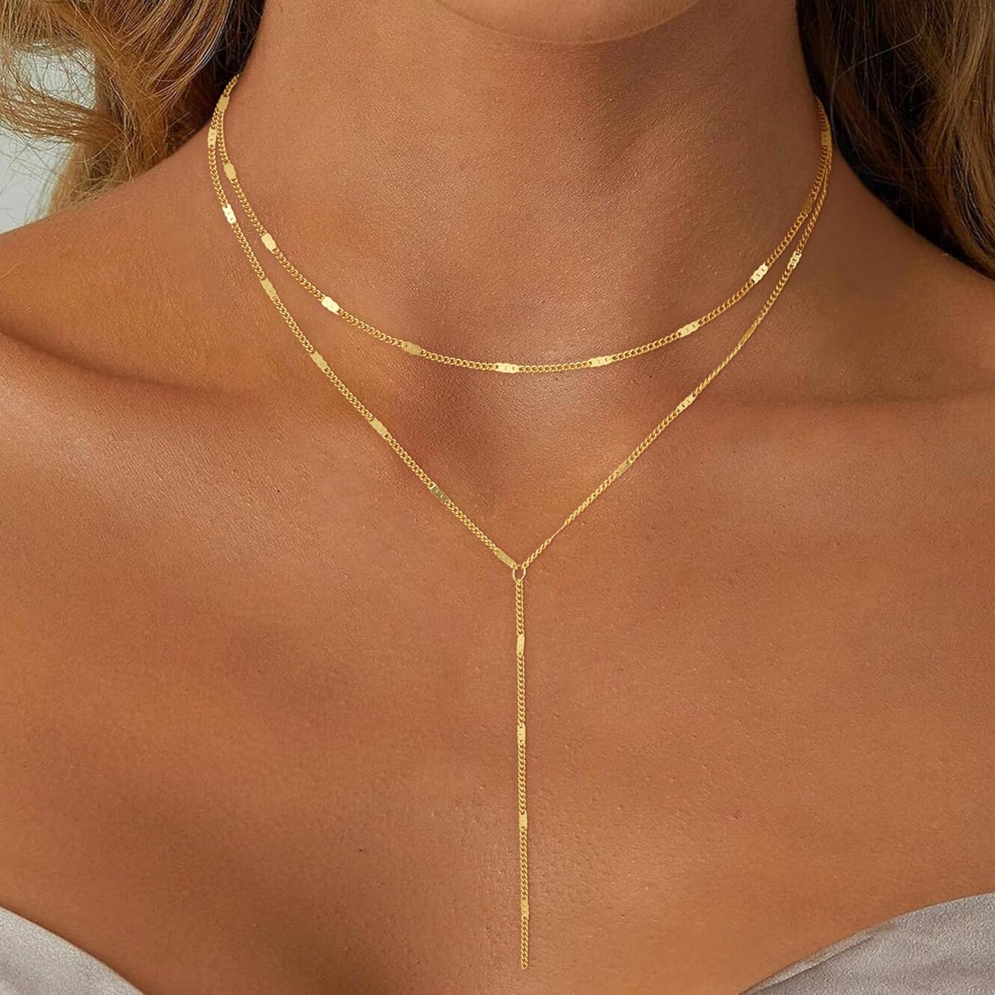 14K Gold Plated Lariat Necklace for Women - Y-Shaped Layered Bar & Beaded Chain
