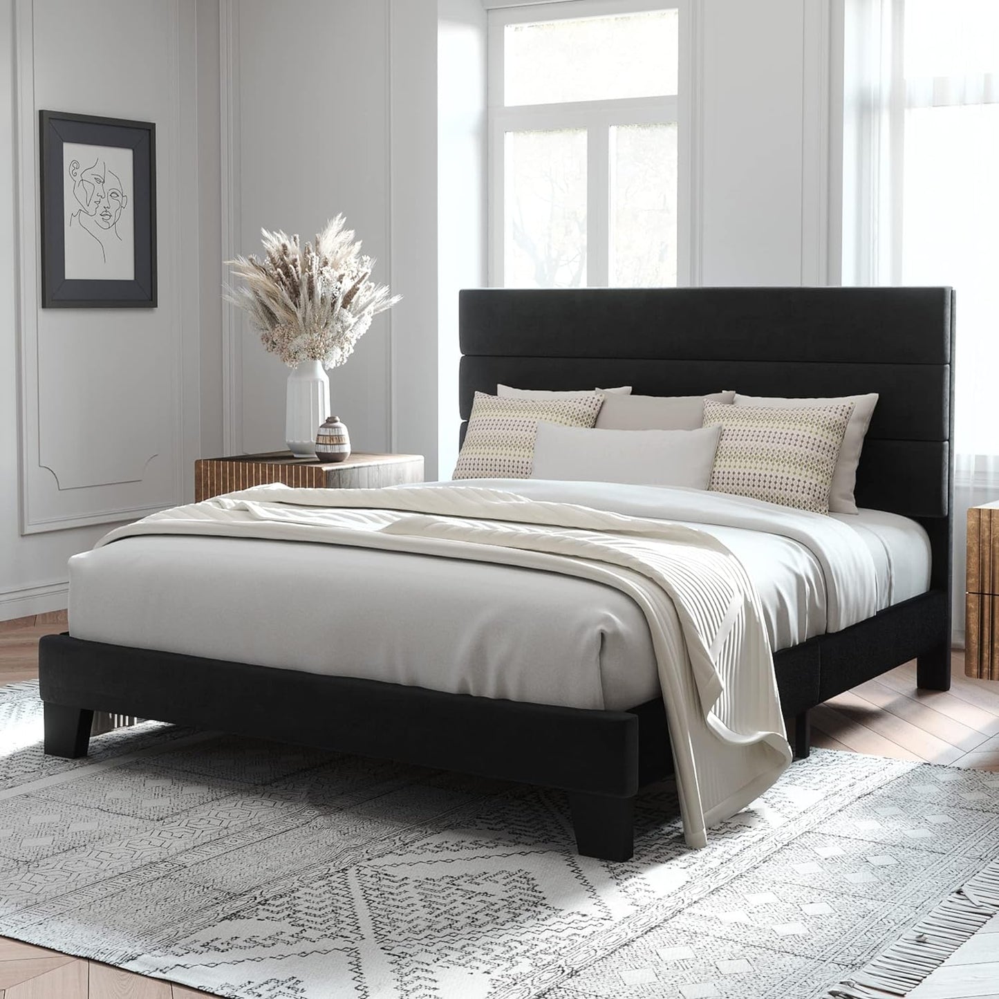 Queen Size, Platform Bed Frame with Fabric Upholstered and Wooden Slats Support, /No Box Spring Needed