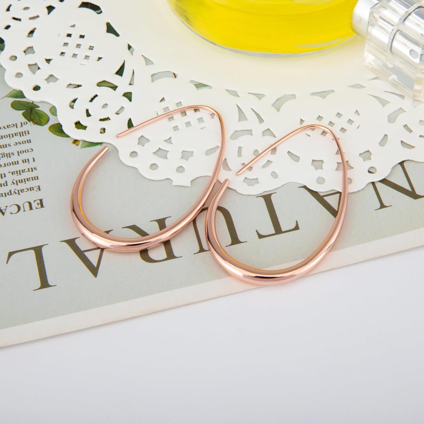 Lightweight Teardrop Hoop Earrings for Women - 14k Gold/White Gold Plated Large Oval Pull Through Hoop Earrings High