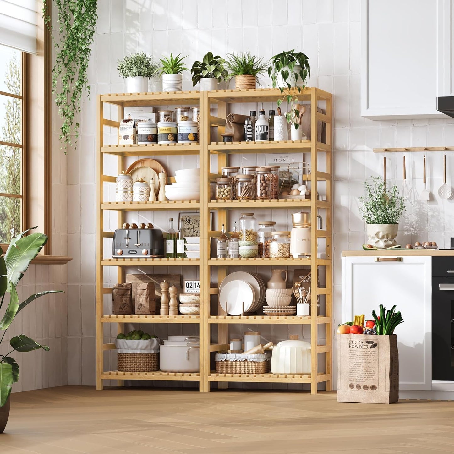 6-Tier Bamboo Shelf, Bamboo Bookcase with Adjustable Shelves, Free Standing Storage Shelf Unit