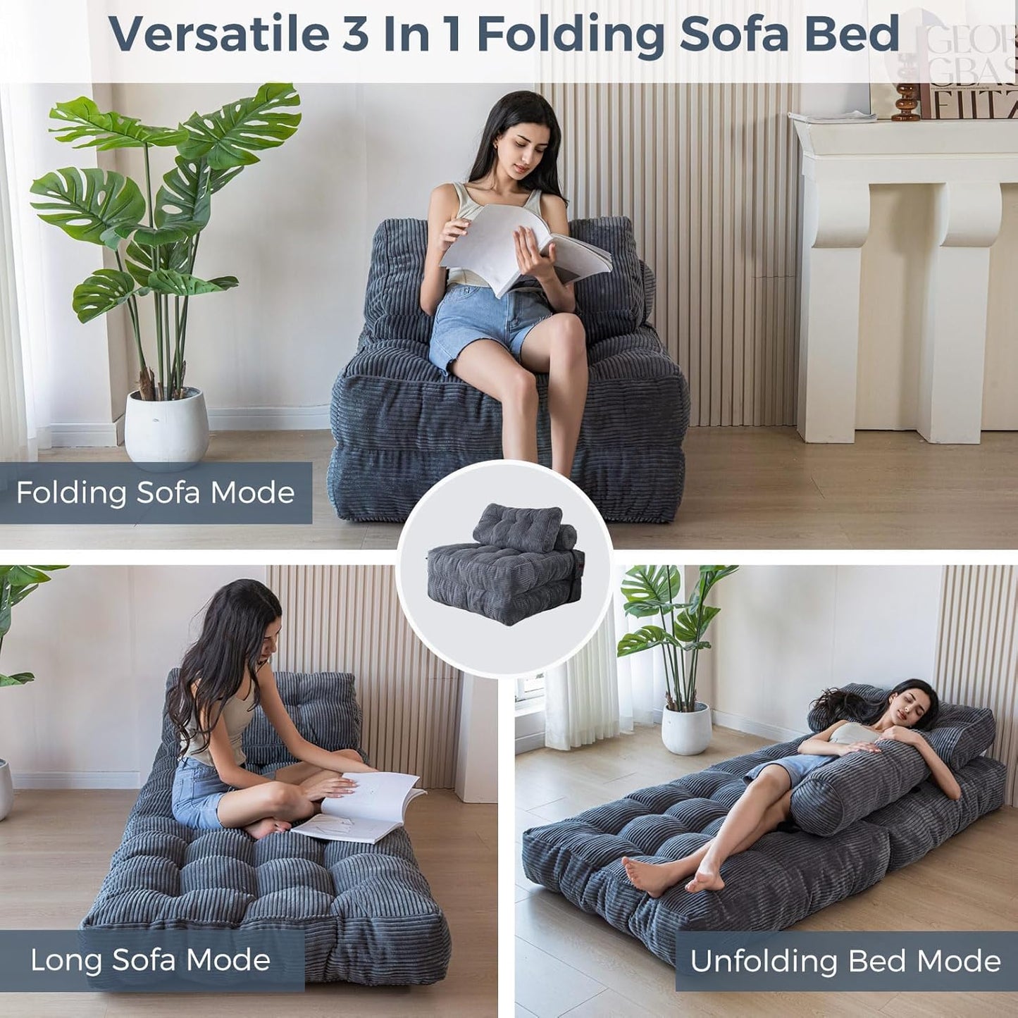 Convertible Folding Sofa Bed - Single Sleeper Chair with Pillow and Back Support, Portable Fold Out Lounge