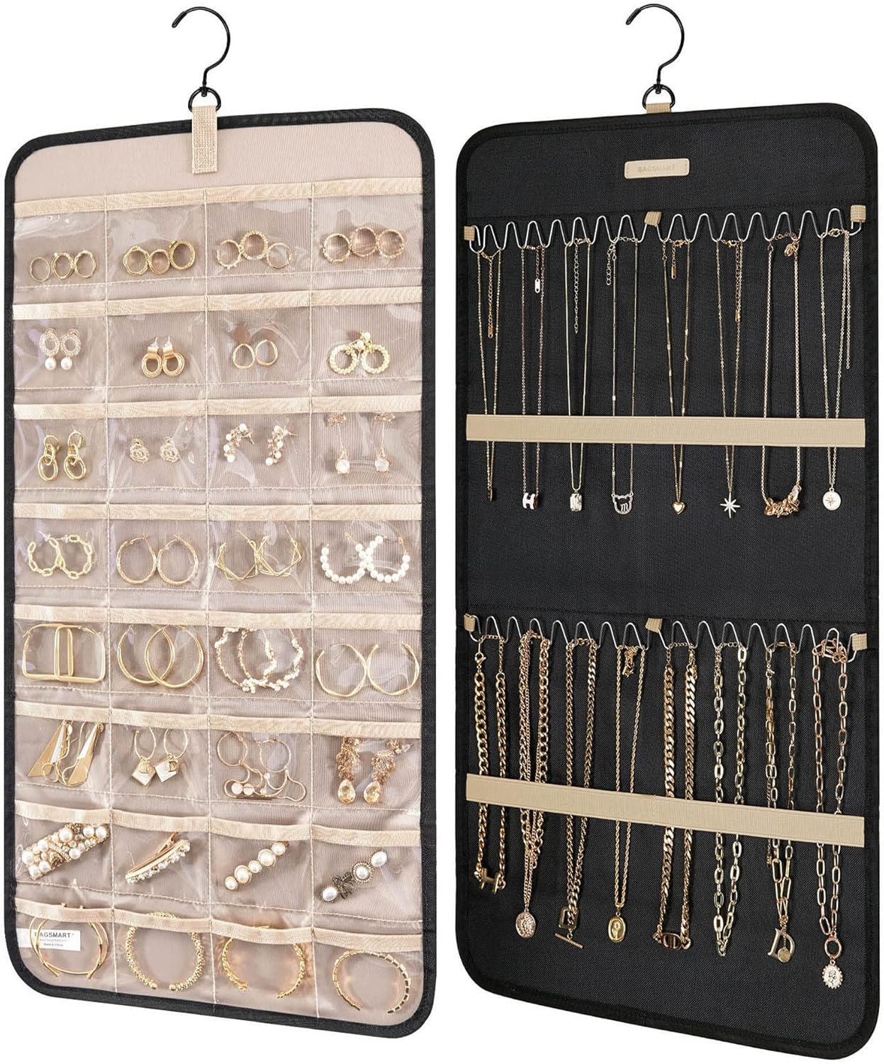 Jewelry Organizer Storage Roll with Hanger Metal Hooks Double, Necklaces, Rings on Closet, Wall, Door